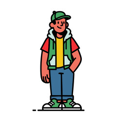 Flat character illustration, big and bold style. A stylish young man dressed in casual clothing, including a baseball cap, hoodie, and jeans, stands with his hands in his pockets