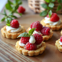 Raspberry tarts with cream and mint leaves on wooden table  