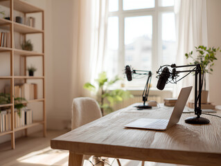 Cozy Workspace: A Serene Home Office Featuring Microphones and a Laptop, Emphasizing Comfort and Creativity