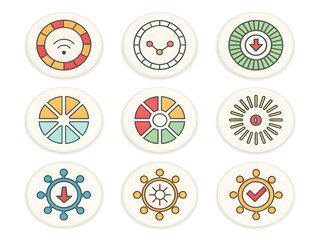 Nine circular progress and loading icons set for user interface design, representing data, network, and status isolated on transparent background.