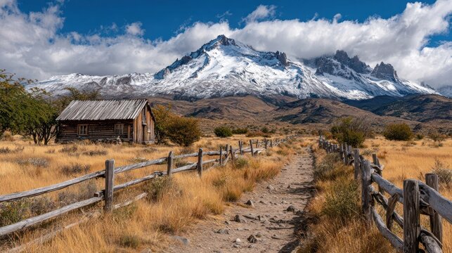 Rustic wooden cabin in vast golden grassland with a winding path leading towards majestic snow-capped mountains under a clear blue sky.