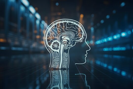Abstract futuristic digital representation of a human head profile with a glowing neon brain inside symbolizing artificial intelligence and technology