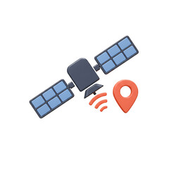Satellite with Navigation Pin, Dark Gray and Orange Icon on White