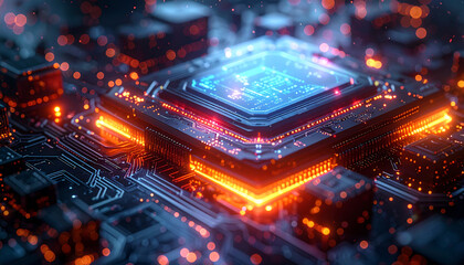 Fototapeta premium Illuminating the Digital Core: A mesmerizing close-up view of a CPU, aglow with a network of interconnected circuits and radiant light patterns. 