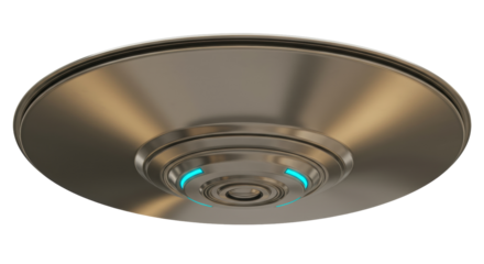Sleek metallic UFO with glowing blue lights isolated, futuristic spacecraft on transparent background for science fiction concepts