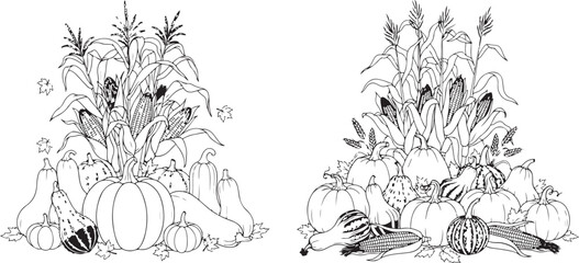 Detailed Black and White Line Art Illustration of an Autumn Harvest Display © reza