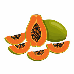 Flat Style Ripe Papaya Fruit with Slice Tropical Food Illustration