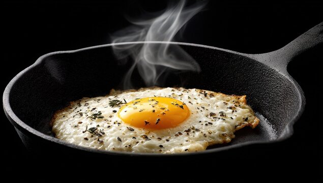 Sunny Side Up Fried Egg in Cast Iron Pan with Rising Smoke against Black Background - Powered by Adobe