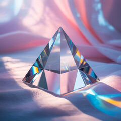 Clear crystal pyramid reflecting light on a soft pink and white fabric