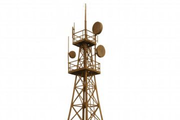 Rusty communications tower transmitting data, providing network connections, and supporting telecommunications on transparent background