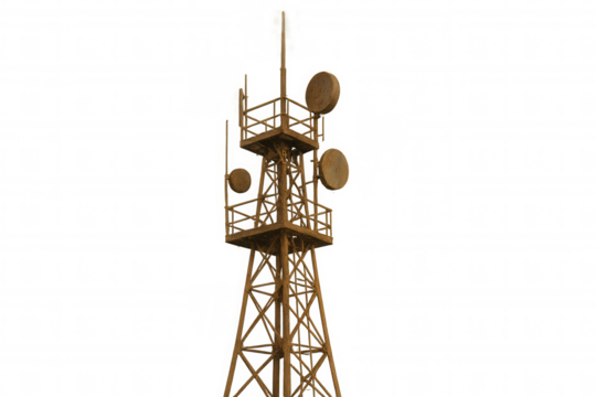 Rusty communications tower transmitting data, providing network connections, and supporting telecommunications on transparent background