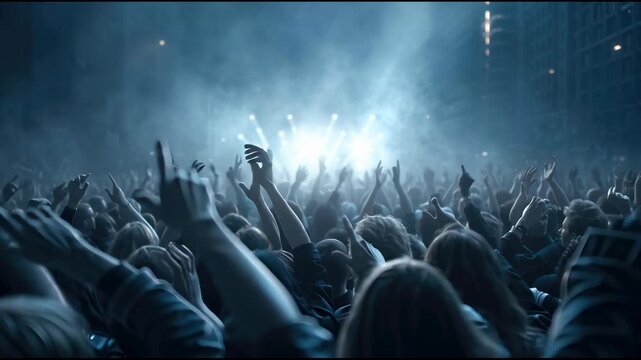 Energetic crowd night concert with blue light and raised hand outdoor festival, cheering audience and live music city street as stage lights and smoke glow, unity and joy vibrant urban show cool haze