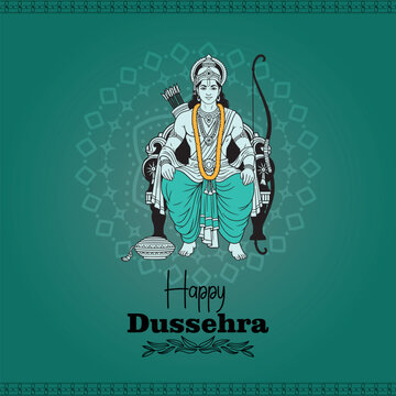 Regal vector illustration of Lord Rama seated, holding a bow and quiver, with a Kalasam pot, against a decorative teal background for Happy Dussehra celebrations.