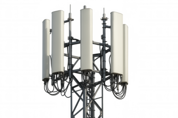 Cell tower antennas providing wireless communication and 5g network coverage, transparent background