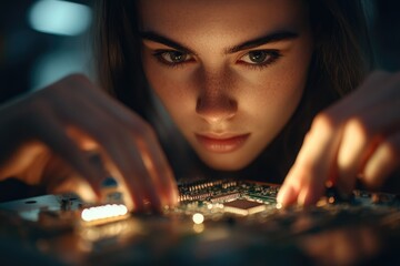 A woman intently works on a circuit board, illuminated by focused warm light, highlighting delicate electronic components and precise action.