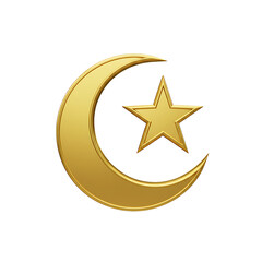 Crescent Moon with Star Golden Metallic on White Background