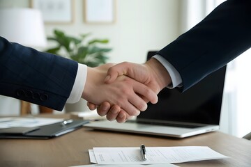 Two businessmen in dark suits shaking hands over a desk with a laptop and documents symbolizing a successful business agreement and partnership