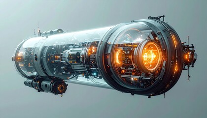 Complex, futuristic cylindrical sci-fi machine with orange light