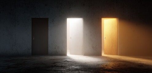 Three Closed Doors With One Open Door Revealing Bright Light in A Dark Space