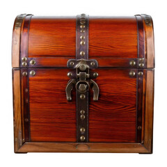 A closed wooden chest with metal clasps and corner braces isolated on transparent background