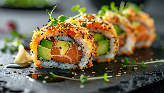Tempura sushi roll with salmon and avocado, sesame and microgreens. Tasty Asian food.
