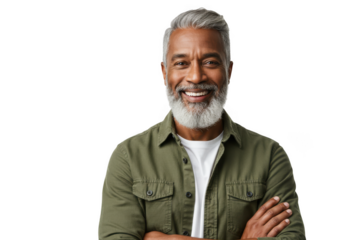Joyful senior man with gray hair and beard smiling and crossing arms transparent background