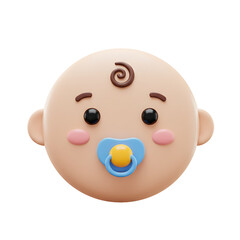 Cute Baby Face with Pacifier 3D Cartoon Rendering on White Background