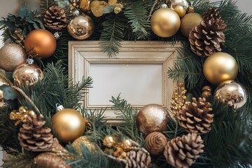 Festive Christmas Wreath with Golden Ornaments, Pine Cones, and a Decorative Frame, Perfect for Holiday Greetings.
