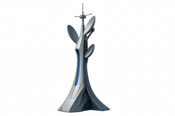 Futuristic communication tower transmitting data, featuring satellite dishes, antennas, and sleek design on transparent background