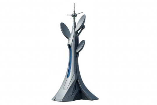 Futuristic communication tower transmitting data, featuring satellite dishes, antennas, and sleek design on transparent background