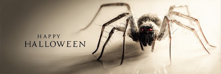 A detailed spider is set against a misty background with the greeting "Happy Halloween." The image radiates eerie charm, holiday spirit, and intricate artistry.