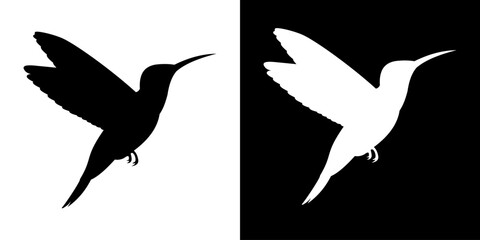 Graceful black and white silhouette of a hummingbird in flight, isolated on split background for design and decoration.