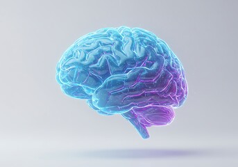 A translucent human brain model glowing with vibrant blue and purple light against a light grey background.