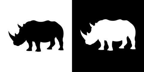 Bold black and white silhouette of a standing rhinoceros, perfect for wildlife designs, logos, and prints