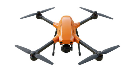 Orange quadcopter drone isolated on transparent background, unmanned aerial vehicle for photography and videography