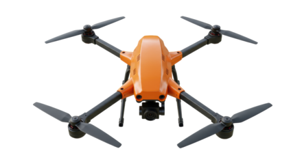 Orange quadcopter drone isolated on transparent background, unmanned aerial vehicle for photography and videography