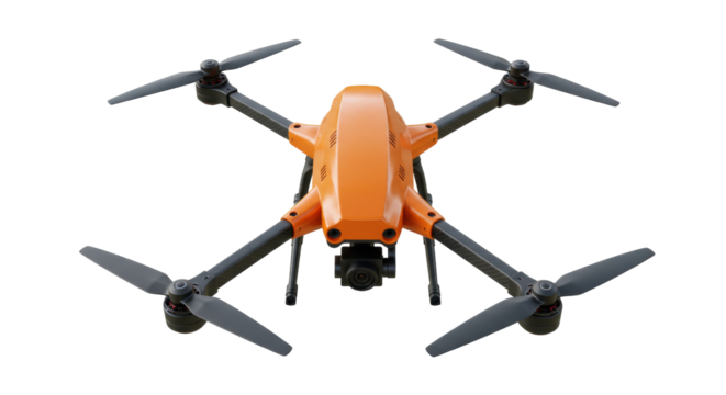 Orange quadcopter drone isolated on transparent background, unmanned aerial vehicle for photography and videography
