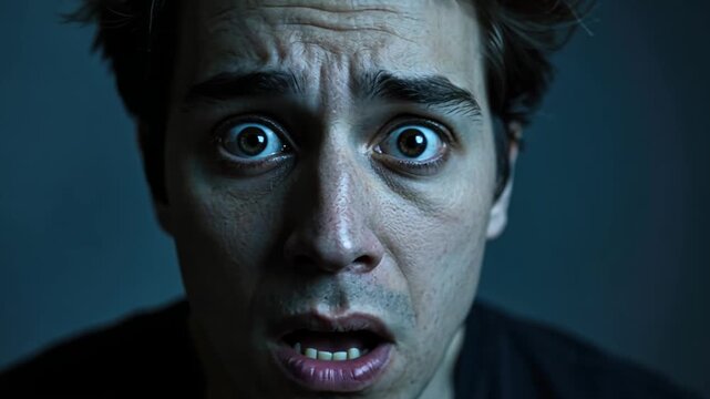 Closeup of a mans face with wide startled eyes and furrowed brow