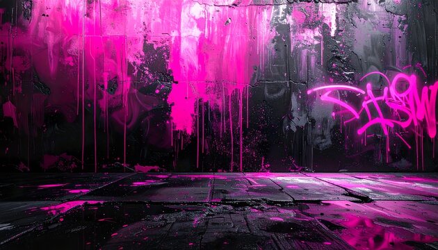 Emo street art background shows neon pink graffiti splashes on dark grunge wall