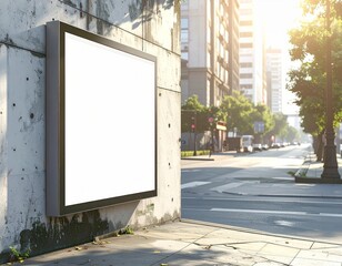 Obraz premium Blank billboard on a plain concrete wall, urban street in background, natural daylight.