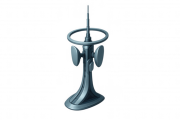 Futuristic communication tower transmitting data, featuring satellite dishes and an advanced antenna for global connectivity