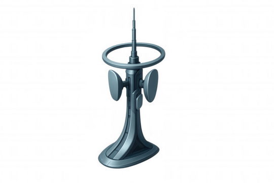 Futuristic communication tower transmitting data, featuring satellite dishes and an advanced antenna for global connectivity
