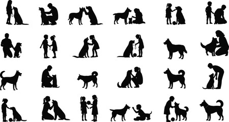 Human and dog silhouettes, pet interaction scenes, emotional bond, black vector icons, companionship moments, animal love, family illustration, design set