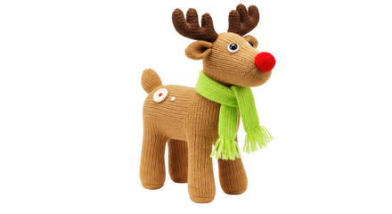Knitted reindeer toy with green scarf isolated, cute Christmas decoration for kids and holiday...