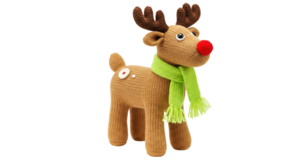 Knitted reindeer toy with green scarf isolated, cute Christmas decoration for kids and holiday season, PNG