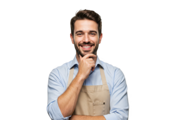 Smiling man wearing an apron with hand on chin posing confidently against a transparent background
