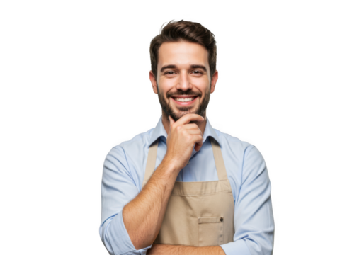 Smiling man wearing an apron with hand on chin posing confidently against a transparent background