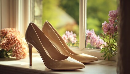 Elegant beige high heeled shoes on a sunny windowsill with flowers.