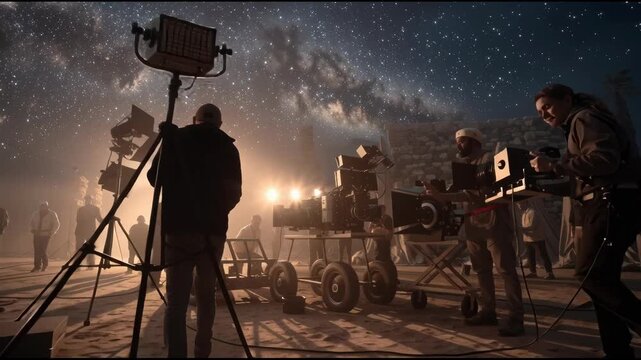 Cinematic night film set starry sky milky way crew camera spotlight fog desert silhouette, epic galaxy emotion with glowing lights production crew works with camera and lighting, vast desert frame