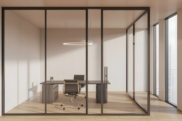 Modern office interior with glass partition walls separating a private workspace with a desk and chairs from a bright hallway with natural light streaming through windows